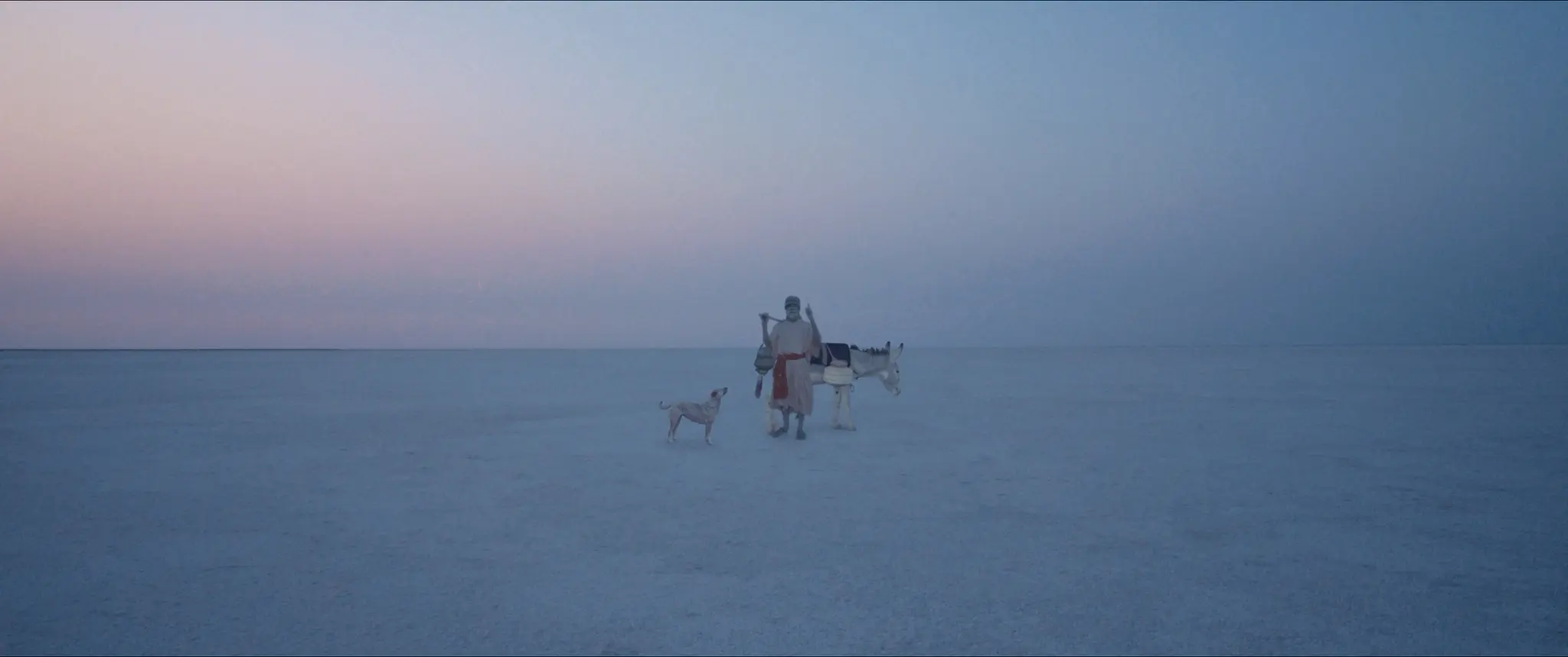 A traveller with a donkey and dog crossing a pale blue salt landscape